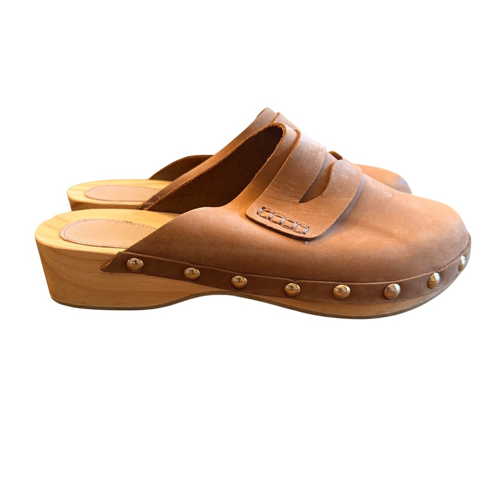 Boden Tan Leather Penny Loafer Clogs Wooden Platform Studded Mules Womens 39